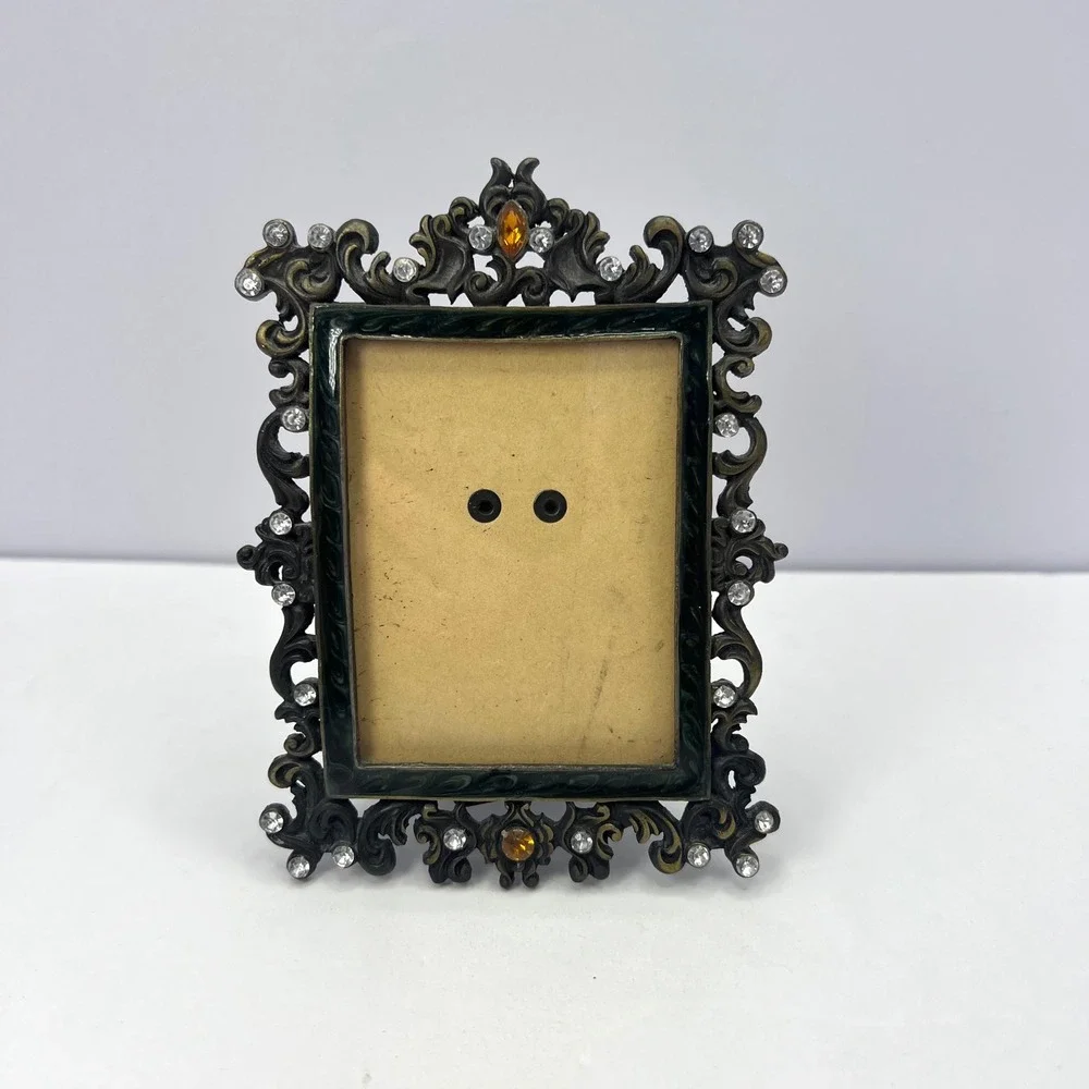 Ornate Bejeweled Frame Bronze Color 3.25 x 2.25 Vintage Green Enamel Baroque